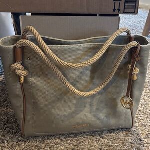 Michael Kors Tan Canvas Shoulder Bag with Gold Accents
